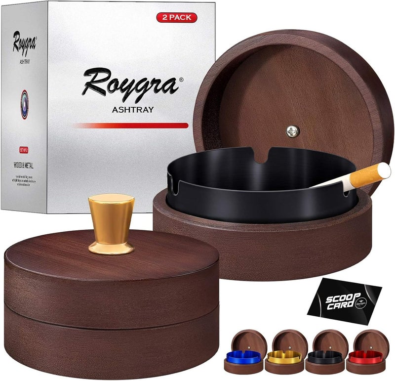 roygra Wooden Ash Tray with Lid (2 Pack), Outdoor Ashtray for Outside Patio, Smokeless Ashtrays for Cigarettes with 3 Holder, Smoking Accessories, Home Décor, Ashtrays for Smokers Indoor - Black - Image 1